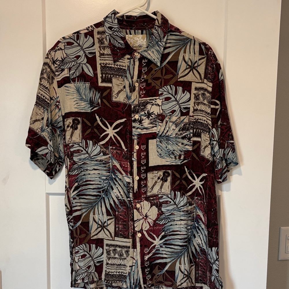 Tasso Elba Burgundy and Blue Tropical Print Button-Down Mens Shirt size L